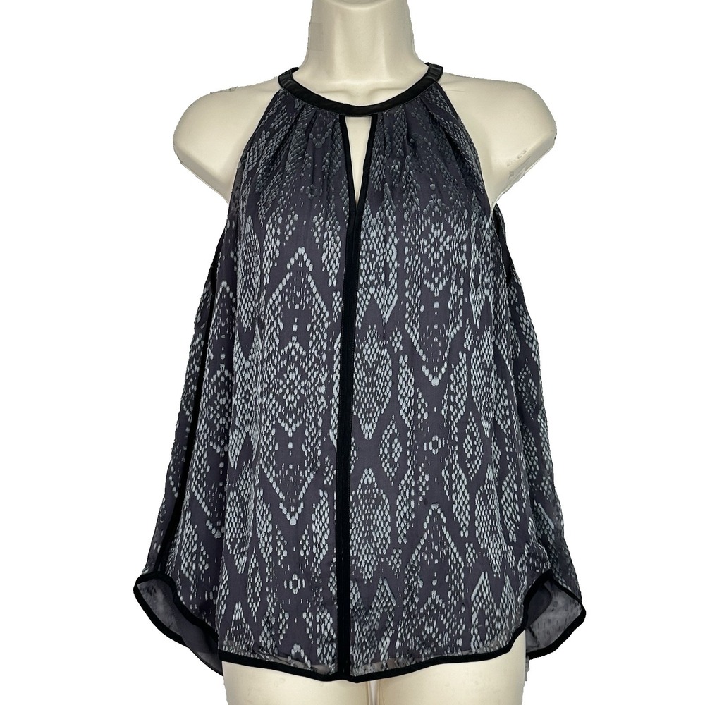 Rebecca Taylor Top Womens 2 Gray Silk Blend Snake Print Leather Trim Halter Tank